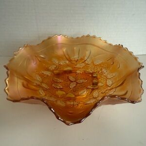 VTG Marigold Carnival Glass Ruffle - Edge 3 Foot Leaves + 3 Fruit Display Bowl